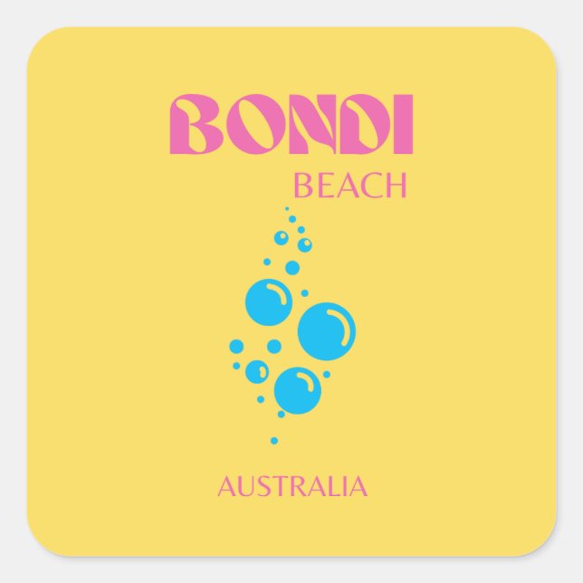 Bondi Beach, Travel Art, Preppy, Yellow, Pink Square Sticker (Front)
