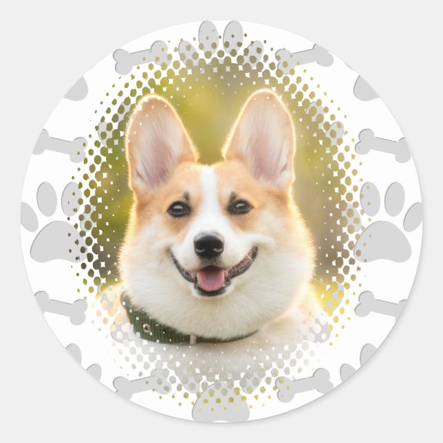 Bone And Paw Print Pattern Dog Frame  Classic Round Sticker (Front)
