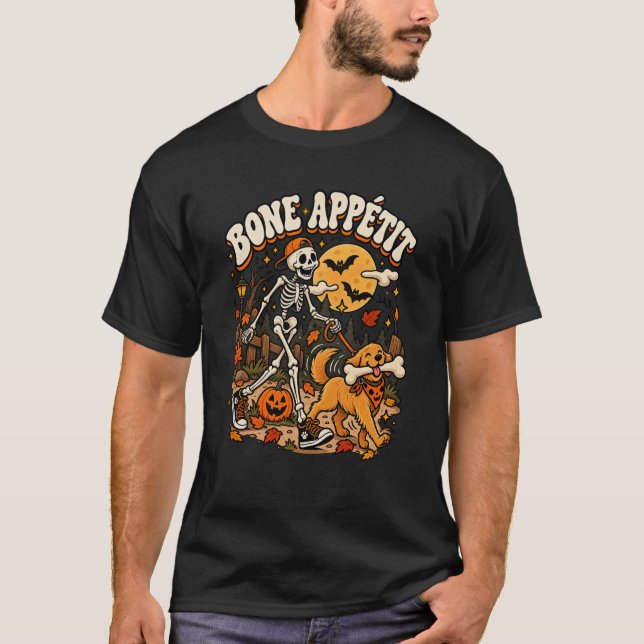 Bone Appétit Funny Skeleton Dog Halloween Design T-Shirt (Front)