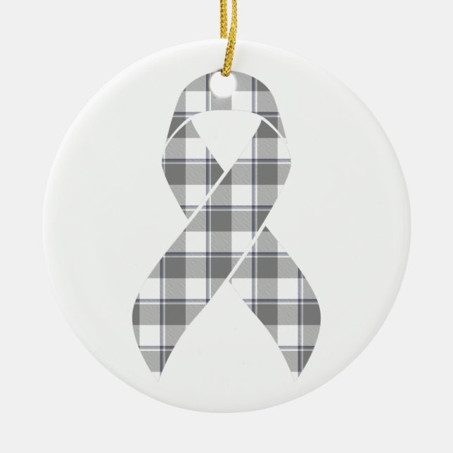 Bone Cancer Awareness Plaid Gray Ribbon Ceramic Tree Decoration (Front)
