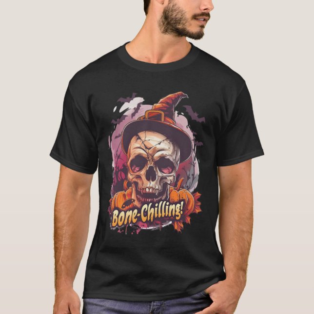 Bone-Chilling Skull & Pumpkin Halloween T-Shirt (Front)