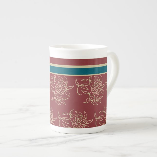 Bone China Coffee Mug, Maroon Blue Floral Bone China Mug (Front Right)