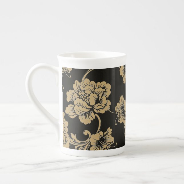 Bone China Mug-Black Floral Bone China Mug (Left)