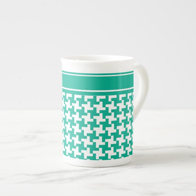 Bone China Mug, Emerald Green Dogtooth Check Bone China Mug (Front Right)