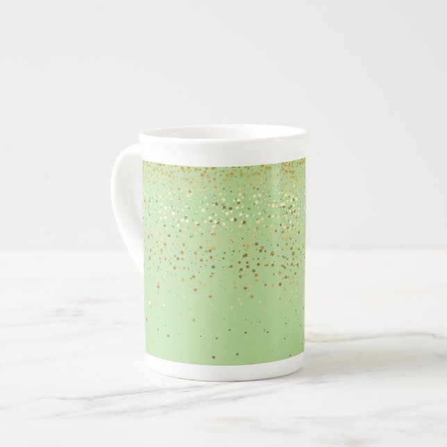 Bone China Mug-Petite Golden Stars-Apple Green Bone China Mug (Front Left)