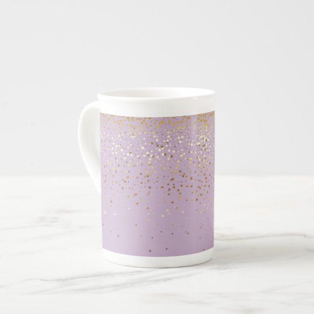 Bone China Mug-Petite Golden Stars-Lavender Bone China Mug (Front Left)