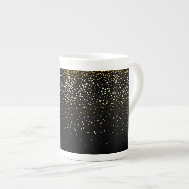 Bone China Mug-Petite Golden Stars-Noir Bone China Mug (Front Right)