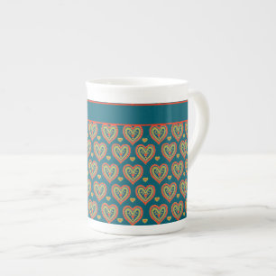 Bone China Mug, Red, Green Hearts on Teal Mug