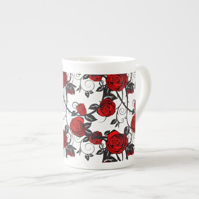 Bone China Mug-Red Rose Vine Bone China Mug (Front Right)