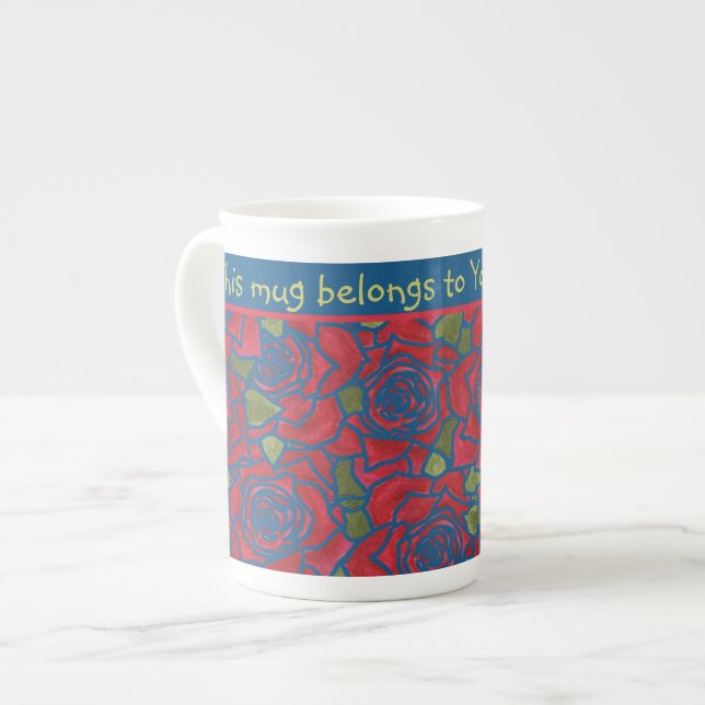Bone China Mug to Personalise: Red Roses Dark Blue (Front Left)