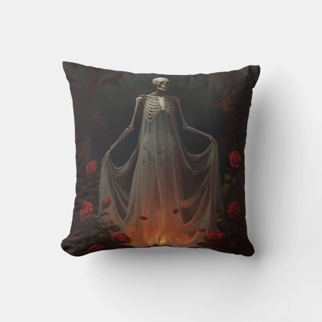 Bone girl wearing a wedding dress in a forest  cushion (Front)