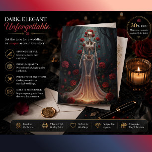 Bone girl wearing a wedding dress in a forest invitation