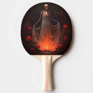 Bone girl wearing a wedding dress in a forest ping pong paddle
