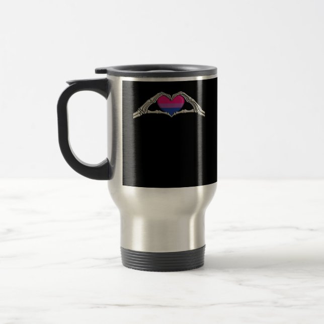 Bone Hands Heart Bisexual Goth Travel Mug (Left)