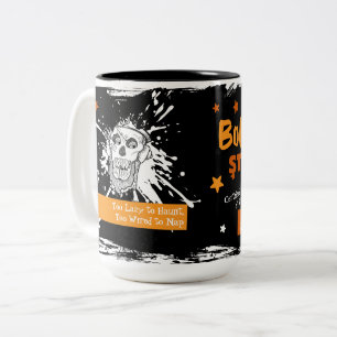 Bone Tired Still Wired – Spooky Season Skeleton Two-Tone Coffee Mug