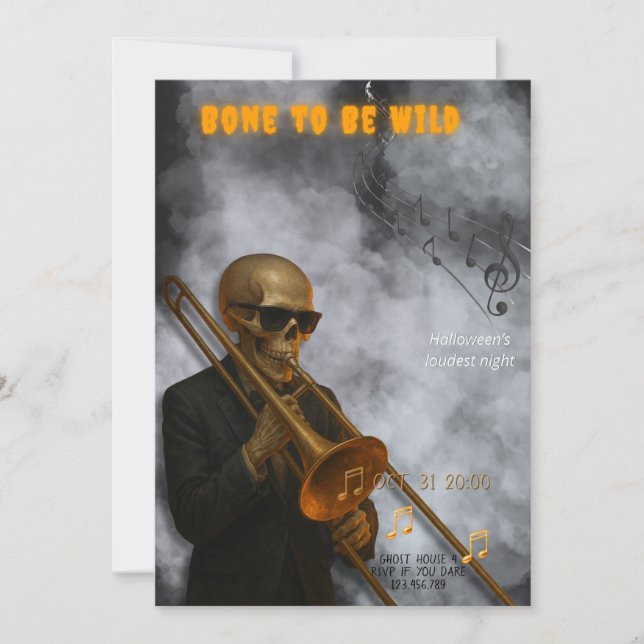Bone to Be Wild - Skeleton Trombone | Halloween Invitation (Front)