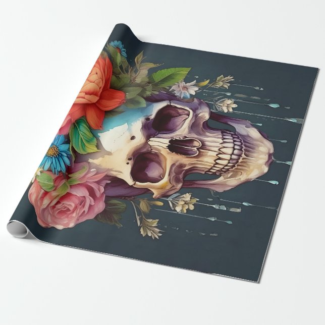 Bones and Blooms, Skull & Garden Flowers Wrapping Paper (Unrolled)