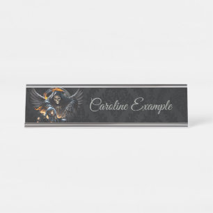 Bones and magic, skeleton with the mystical dice. desk name plate