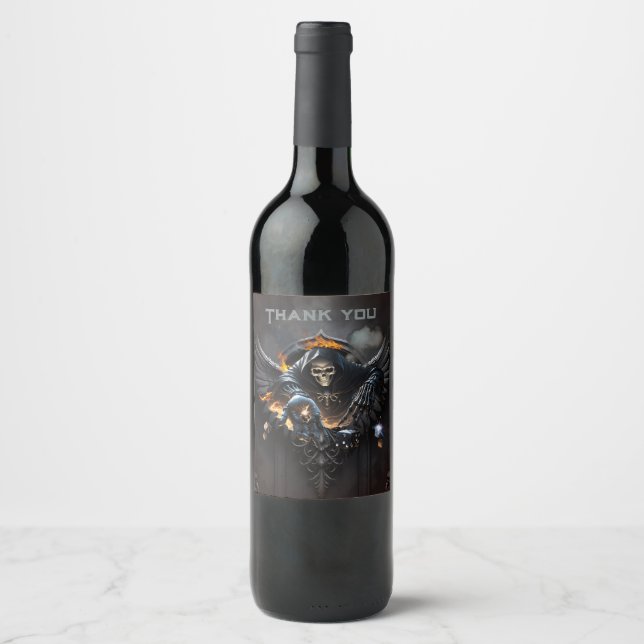 Bones and magic, skeleton with the mystical dice.  wine label (Front)