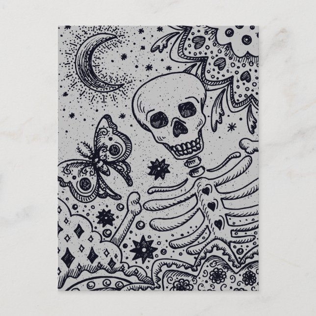 BONES IN THE GARDEN SKELETON, FOLK ART MOON MOTH HOLIDAY POSTCARD (Front)