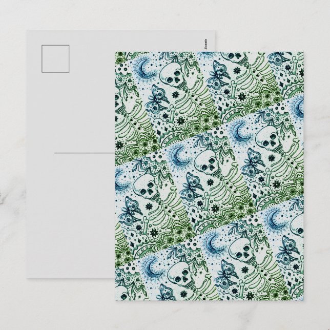 BONES IN THE GARDEN SKELETON, FOLK ART MOON MOTH HOLIDAY POSTCARD (Front/Back)