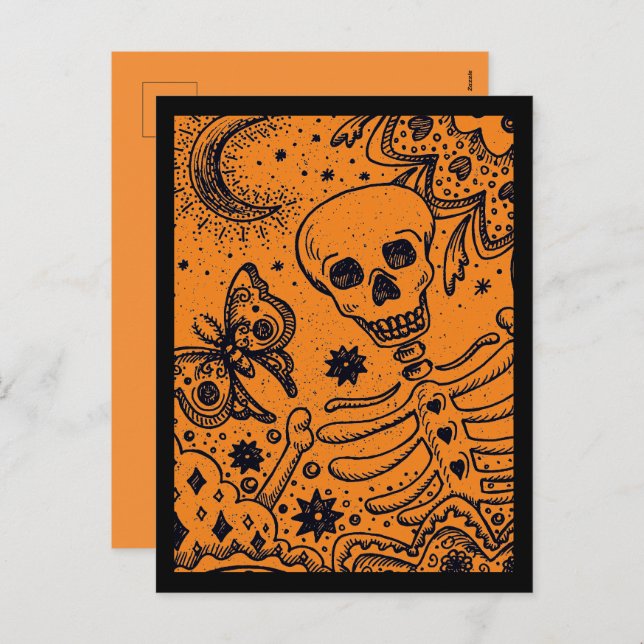 BONES IN THE GARDEN SKELETON, FOLK ART MOON MOTH HOLIDAY POSTCARD (Front/Back)