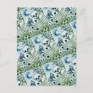 BONES IN THE GARDEN SKELETON, FOLK ART MOON MOTH HOLIDAY POSTCARD