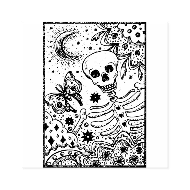 BONES IN THE GARDEN SKELETON, FOLK ART MOON MOTH RUBBER STAMP (Imprint)