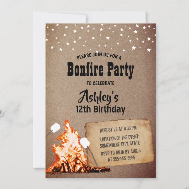 Bonfire Birthday Party Rustic Kraft Invitation (Front)