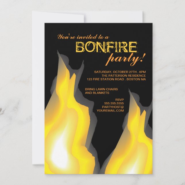 Bonfire Party Campfire Flames on Black Invitation (Front)