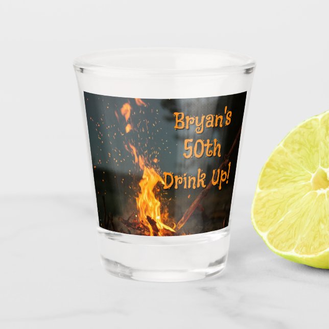 Bonfire Sparks Personalised Birthday Party  Shot Glass (Front)