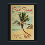 Bonita Springs Palm Tree Vintage Travel Postcard<br><div class="desc">A uniquely retro mid-century modern Bonita Springs Florida art print in vintage travel poster style. It features a curved palm tree on sandy beach with ocean under a blue cloudy sky.</div>