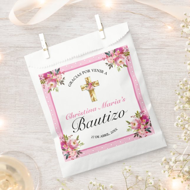 Bonito Rosa Floral Oro Cruz Bautismo Gracias  Favour Bags (Clipped)
