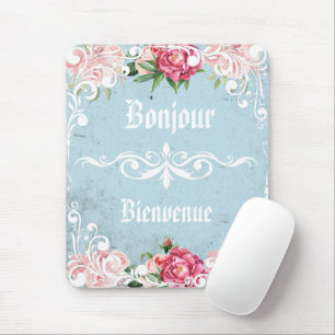 Bonjour Beautiful romantic frenchy artwork Flowers Mouse Mat