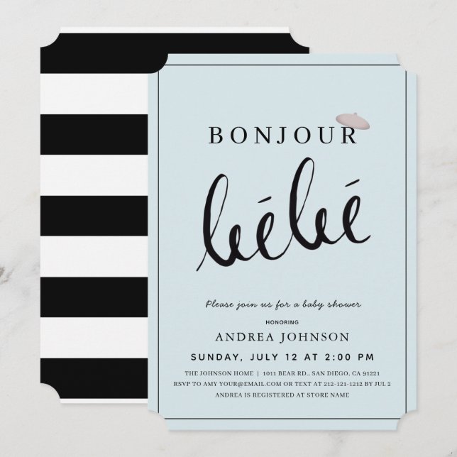Bonjour Bebe Beret Modern Blue Boy Baby Shower Invitation (Front/Back)