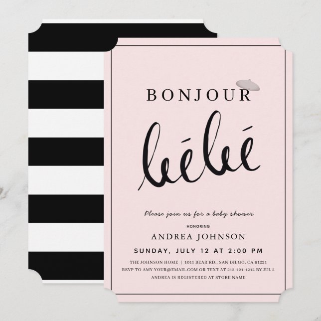 Bonjour Bebe Beret Modern Pink Girl Baby Shower Invitation (Front/Back)