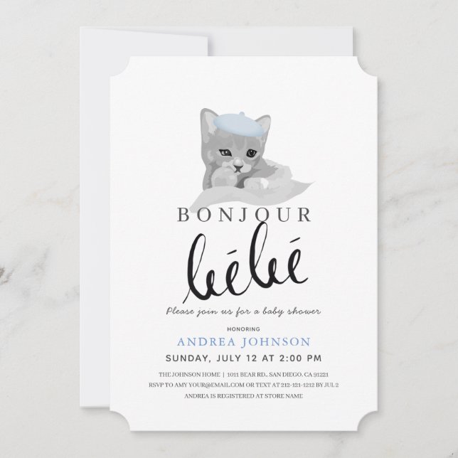 Bonjour Bebe Blue Beret Cat Boy Baby Shower Invitation (Front)