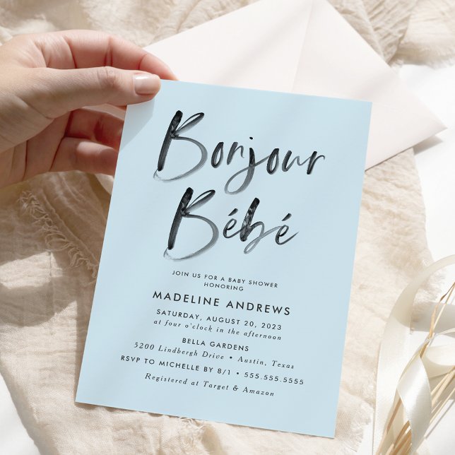 Bonjour Bebe Blue French Baby Shower Invitation (Creator Uploaded)