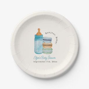 Bonjour Bébé Blue Macarons & Milk Boy Baby Shower Paper Plate