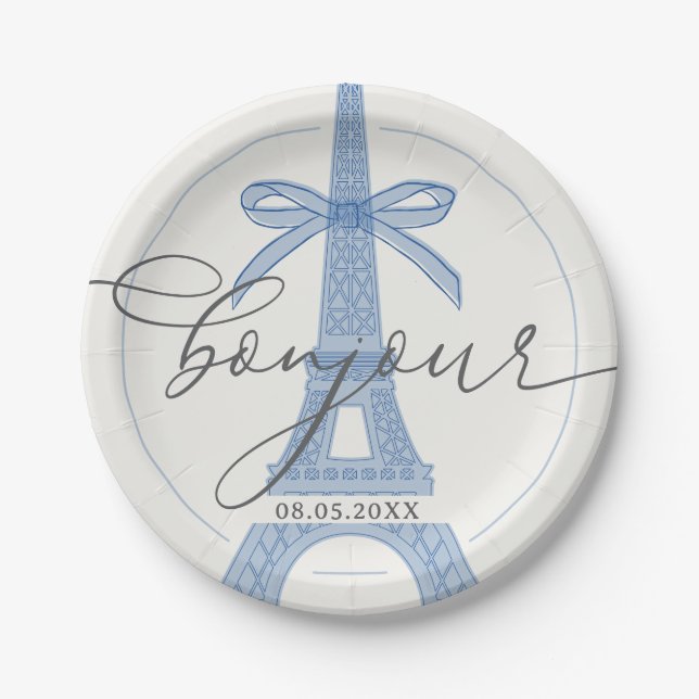 Bonjour Bébé Blue Paris Eiffel Baby Shower Paper Plate (Front)