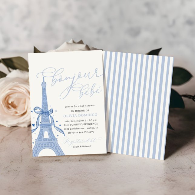 Bonjour Bébé Blue Paris Eiffel Tower Baby Shower Invitation (Creator Uploaded)