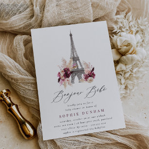 Bonjour Bébé Burgundy Floral Paris Baby Shower Invitation