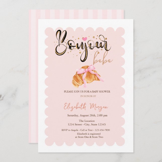 Bonjour Bébé Croissant  Bow Striped Baby Shower Invitation (Front/Back)