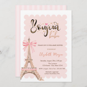 Bonjour Bébé Eiffel Tower Bow Striped Baby Shower Invitation