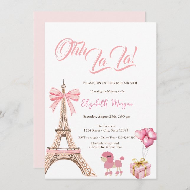 Bonjour Bébé Eiffel Tower Pink Bow  Present Poodle Invitation (Front/Back)