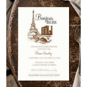 Bonjour Bebe Eiffle Tower Paris Baby Shower Invitation
