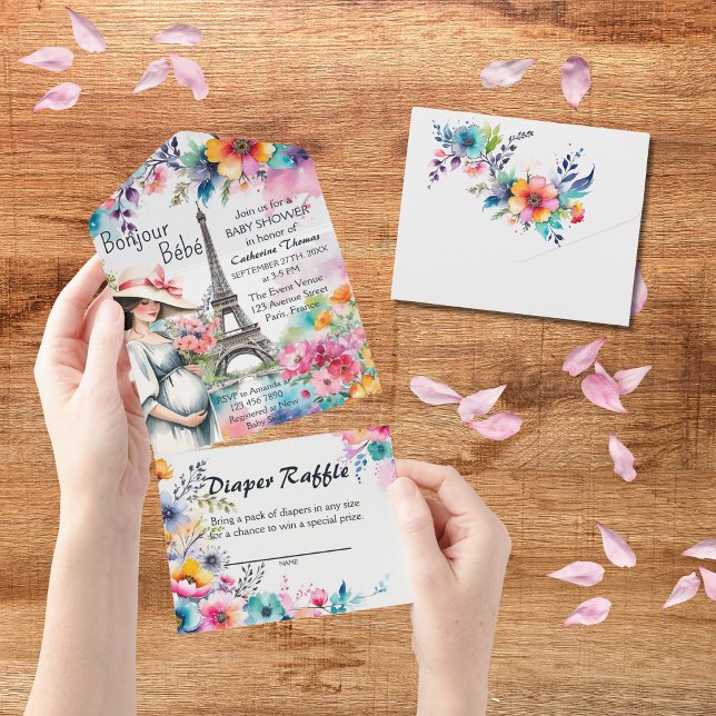 Bonjour Bebe Floral Eiffel Tower Paris Baby Shower All In One Invitation (Creator Uploaded)