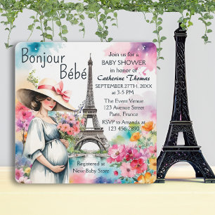 Bonjour Bebe Floral Eiffel Tower Paris Baby Shower Invitation