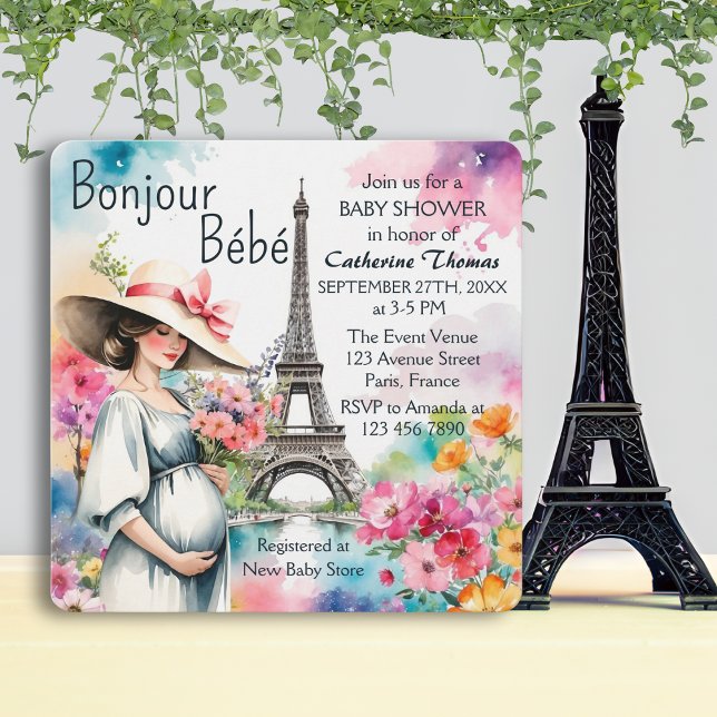 Bonjour Bebe Floral Eiffel Tower Paris Baby Shower Invitation (Creator Uploaded)