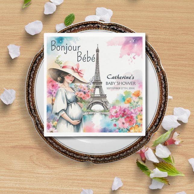 Bonjour Bebe Floral Eiffel Tower Paris Baby Shower Napkin (Creator Uploaded)